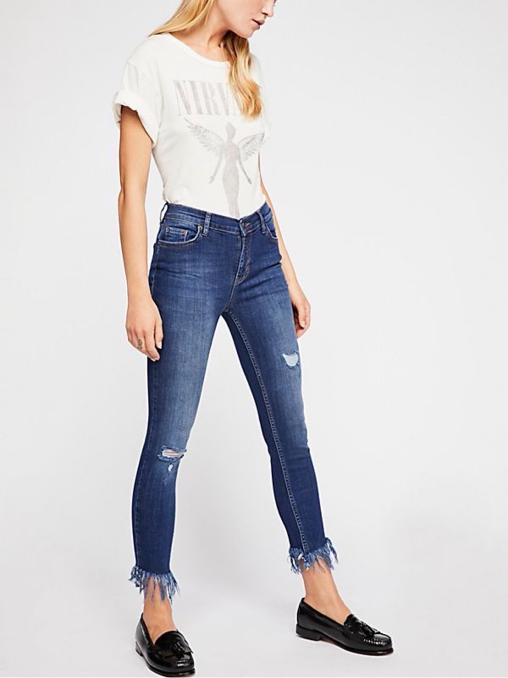 Free People Great Heights Frayed Blue Skinny Jeans